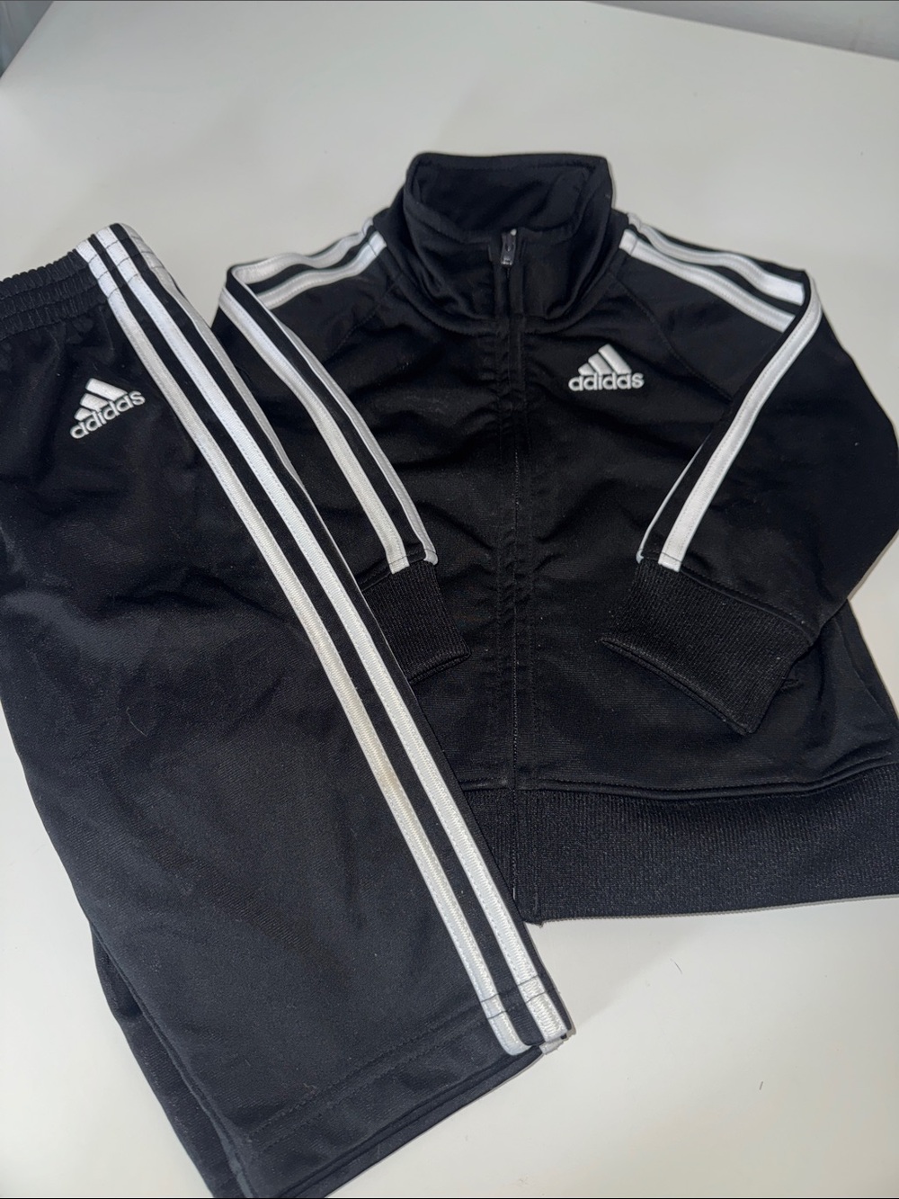 Baby Adidas Tracksuit - Black w/ 3 White Stripes, EUC - Size 9 Months